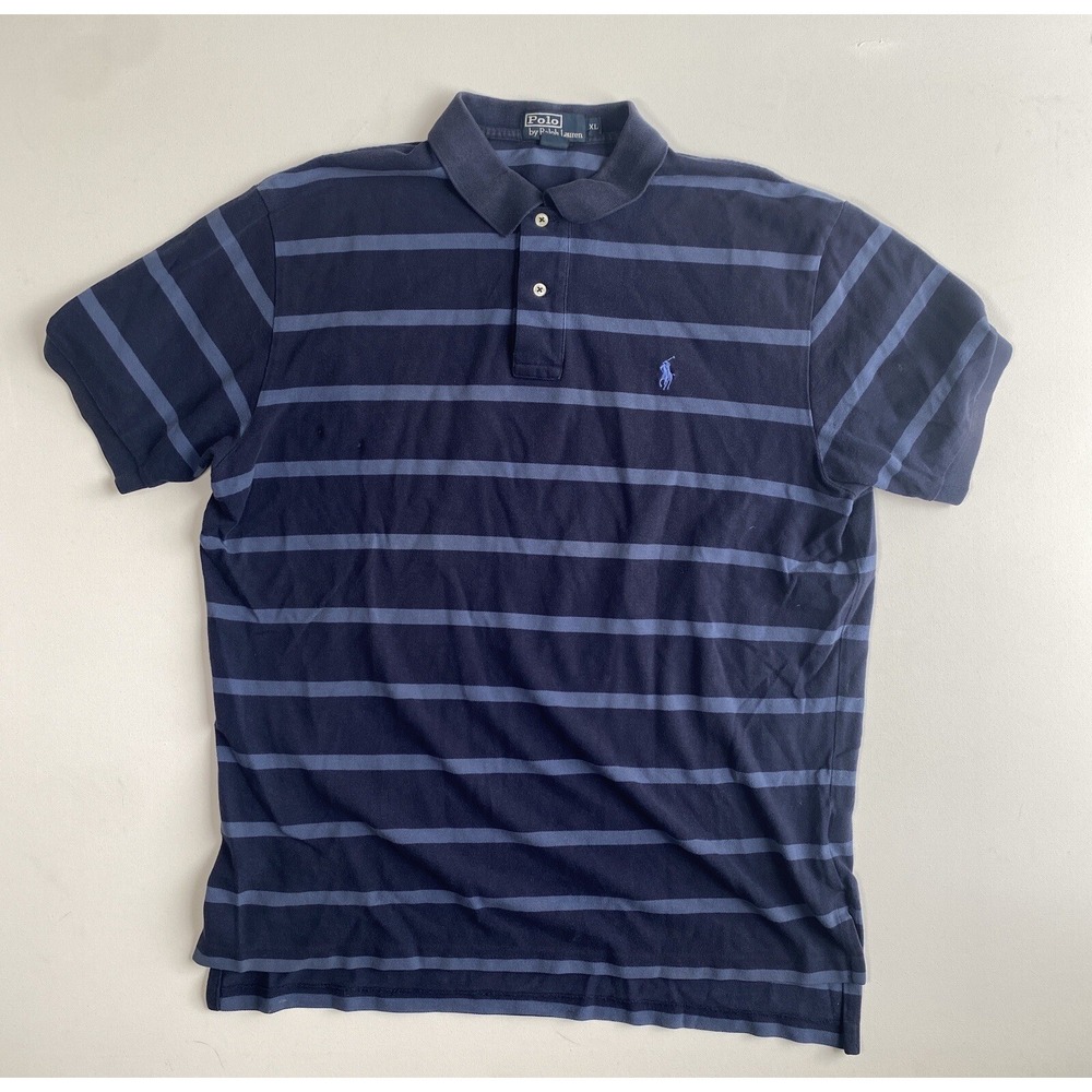 Polo Ralph Lauren Mens XL Navy Blue Striped Vintage Polo Shirt Cotton Casual